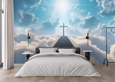 Creative religion concept. Stairway leading to the heavenly sky towards the cross. glowing end clouds skies landscape. Christian religious.  Wall mural