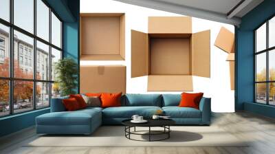 Empty wooden cardboard box on transparent background cutout, PNG file. Mockup template for artwork design. perspective open close positions many different angle Wall mural