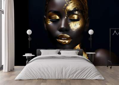 Fashion Concept. Closeup portrait of stunning beautiful woman girl in gold paint. illuminated with dynamic composition light. sensual, mysterious, advertisement, magazine Wall mural