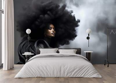 Fashion editorial Concept. Stunning beautiful woman in big afro hair wrapped in black silk . illuminated with dynamic composition dramatic lighting. sensual, advertisement, magazine. copy text space Wall mural