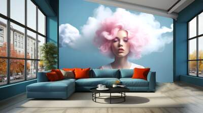 Fashion surreal Concept. Closeup portrait of stunning beautiful woman girl with pink sensual cotton candy hair like clouds. illuminated with dynamic composition and dramatic lighting Wall mural