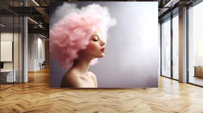 Fashion surreal Concept. Closeup portrait of stunning beautiful woman with pink sensual cotton candy hair like clouds surround by smoke. illuminated with dynamic composition and dramatic lighting Wall mural