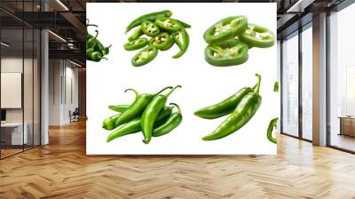 Green chili chilli chilies pepper fruit vegetable, many angles view side top front group slice cut on transparent background cutout, PNG file. Mockup template for artwork graphic design Wall mural