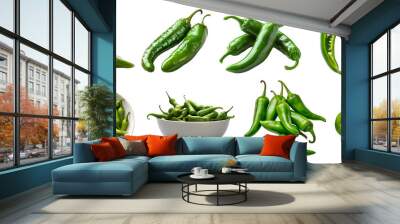 Green chili chilli chilies pepper fruit vegetable, many angles view side top front group slice cut on transparent background cutout, PNG file. Mockup template for artwork graphic design Wall mural