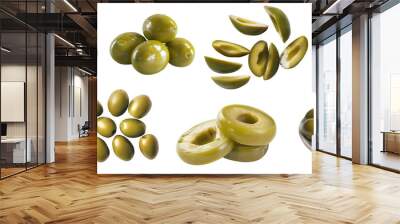 Green olive olives fruit vegetable, many angles and view side top front bowl pile slice isolated on transparent background cutout, PNG file. Mockup template for artwork graphic design

 Wall mural