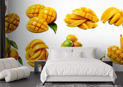 Mango Mangoes fruit, many angles and view side top front sliced halved group cut isolated on transparent background cutout, PNG file. Mockup template for artwork graphic design Wall mural