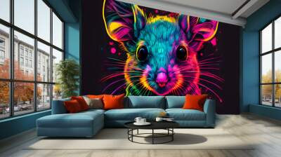 Mouse rat in abstract, graphic highlighters lines rainbow ultra-bright neon artistic portrait, commercial, editorial advertisement, surrealism. Isolated on dark background Wall mural