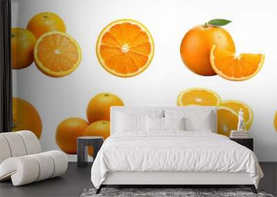 Orange oranges fruit, many angles and view side top sliced halved cut isolated on transparent background cutout, PNG file

 Wall mural