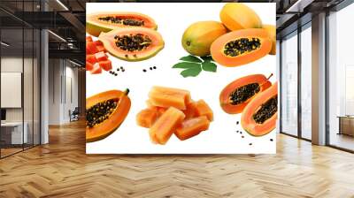 Papaya fruit, many angles and view side top front sliced halved group cut isolated on transparent background cutout, PNG file. Mockup template for artwork graphic design Wall mural