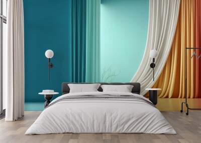 Pastel turquoise blue green empty wall in room with coloured silk curtain drapes. Mock up Template for product presentation. Living, gallery, studio, office concept.  Wall mural