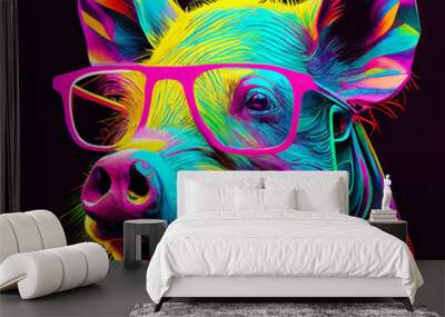 Pig piggy in abstract, graphic highlighters lines rainbow ultra-bright neon artistic portrait, commercial, editorial advertisement, surreal surrealism. Isolated on dark background.  Wall mural