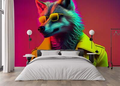 Realistic lifelike wolf in fluorescent electric highlighters ultra-bright neon outfits, commercial, editorial advertisement, surreal surrealism. 80s Era comeback Wall mural