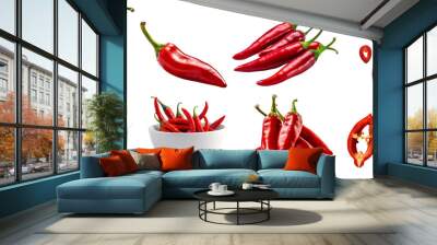 Red chili chilli chilies pepper fruit vegetable, many angles view side top front group slice cut on transparent background cutout, PNG file. Mockup template for artwork graphic design Wall mural