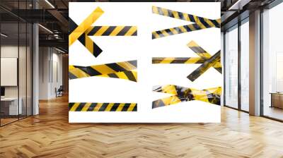 Set collection of Yellow and black barricade police danger tape, warning crime criminal safety construction caution stripe signs on transparent cutout PNG file. Mockup template for graphic design Wall mural