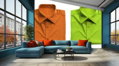 Set of folded yellow orange mustard and dark light green lime button up long sleeve collar shirt on transparent background cutout, PNG file. Mockup template for artwork graphic design

 Wall mural