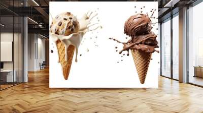 Set of Ice cream scoop on waffle cone flying splash explosion with sprinkles cream topping frosting on transparent background cutout, PNG file. Many assorted different. Mockup template for artwork Wall mural