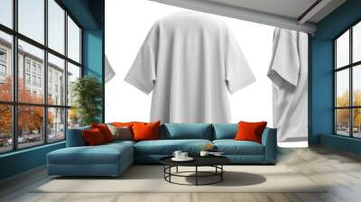 Set of white oversized loose Drop Shoulder tee t shirt round neck front, back and side view on transparent background cutout, PNG file. Mockup template for artwork graphic design. Wall mural