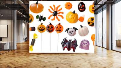 Set of witch black cauldron and individual Halloween sweet candy chocolate gummy lollipop toffee apple on transparent cutout. PNG file. Many different design. Mockup template for artwork design Wall mural