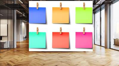 Shaded wooden wood pegs with sticky post-it note paper with shadow . Many assorted different colours isolated on transparent background cutout. PNG file. 3D rendering Wall mural