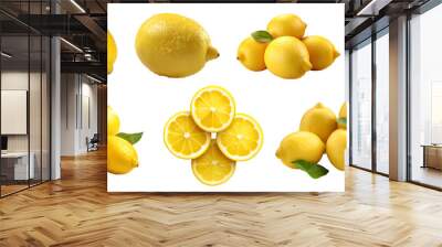 Yellow lemon lemons with leaf leaves, many angles and view side top front sliced halved cut isolated on transparent background cutout, PNG file. Mockup template for artwork graphic design
 Wall mural