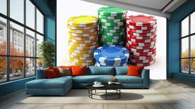 Colorful playing chips stacked in three distinct piles, set against a crisp white background, illustrated with Wall mural