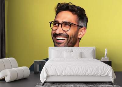 confident Laughing expression natural face smile side away looking background isolated glasses wearing man hispanic Adult young boy indian male portrait excited yes success happy joy fashion cool Wall mural