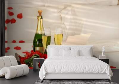 Champagne in bed to celebrate Valentine's Day Wall mural