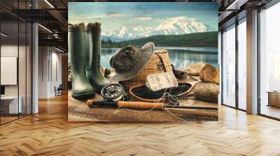 fly fishing equipment on deck with view of a lake and mountains Wall mural