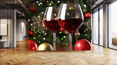 glasses of red wine in front of christmas tree Wall mural