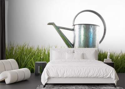 old watering can in grass with white Wall mural