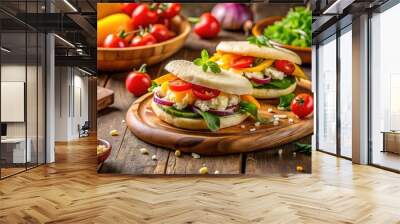 Delicious Arepas with Cheese on a Wooden Plate Surrounded by Fresh Ingredients and Colorful Vegetables Wall mural