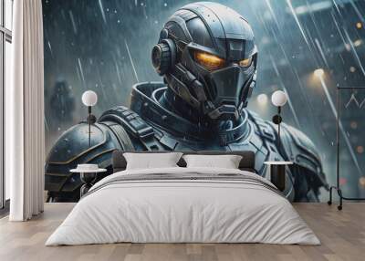 Detailed image showcasing the design of a futuristic soldier's armored suit with a metallic aesthetic under rain Wall mural