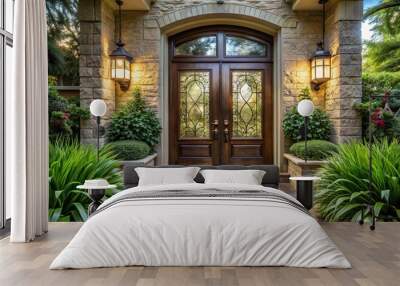 Elegant double front doors adorned with etched glass panels lead to a picturesque entrance, framed by lush greenery and a meandering stone pathway. Wall mural