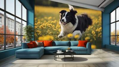 field running border collie dandelions dog flower run play fun breed meadow park green white lawn ball yellow pedigree grass jump summer outside black cute funny energy catching training adorable toy Wall mural