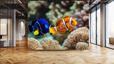 fish swimming together palette clown surgeonfish dory anemone animal water aquarium aquatic beautiful beauty black blue caribbean clownfish colourful exotic fauna film macro marin natural nature nemo Wall mural