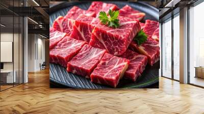 Freshly Cut Raw Japanese Beef Slices Ready for Sizzling on the Grill or Preparing Gourmet Dishes Wall mural