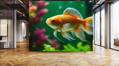 green aquarium goldfish planted colorful background beautiful fish freshwater tropical underwater animal nature pet decorative water tank gravel plant hobby sea gold blue river swim colourful deep Wall mural