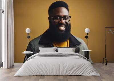 guy space cheerful black business copy cheerful space bearded empty attractive isolated portrait tranquil background lifestyle posing good adult yellow expression man smile male blac Wall mural