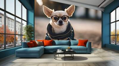 holding poo chihuahua bag mouth glasses dog environment excrement clean up animal beautiful brown canino background cleaning cleanup concept cute funny garbage goggles grass green happy hygiene Wall mural