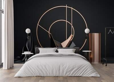 illustration for 3d podium pedestal with gold copper rim frame hand with geometric shapes black background for product promotion abstract platform art deco banner minimalist mockup  Wall mural