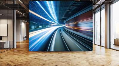 japan tokyo tunnel moving train blur motion abstract asia background bay blue bridge city landscape commute commuting curve drive dynamic fast future futuristic light line modern move Wall mural