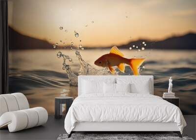 jumping goldfish sea animal aquarium bowl challenge concept conceptual desire escape fish fishbowl flying free freedom glasses gold jump jumper leap liquid marin motion pet splash splashing swim tank Wall mural