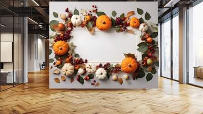 lay white floral design fruit background frame table Thanksgiving orange branches Fall pear top web leaves Autumn eucalyptus pumpkins Flat banner Garland berry white Wall mural