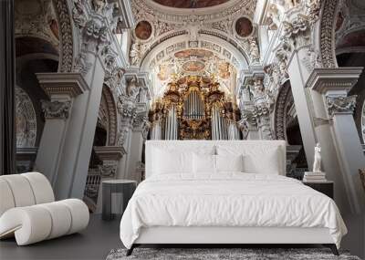 Magnificent baroque organ in St. Stephen's Cathedral, largest cathedral organ in the world in Passau, Germany Wall mural