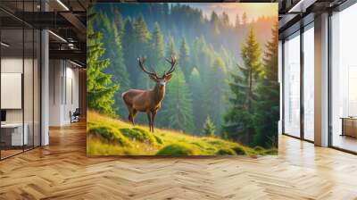 Majestic deer stands solo atop a lush green hillside, gazing out at a serene forest of towering pine trees with sun-dappled foliage in warm light. Wall mural