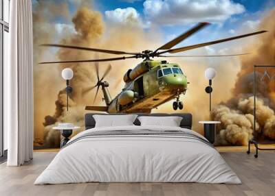 Massive tandem-rotor heavy-lift helicopter in military camouflage livery takes off from desert terrain, rotor blades whirring, kicking up clouds of dust and debris. Wall mural