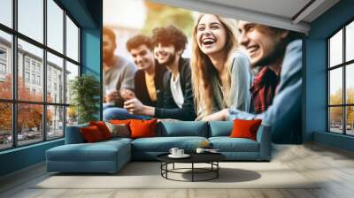 mouth open smiling girl blonde focus together fun having students outdoors bench sitting together chatting people young trendy group   sitting people chatting group together woman happy Wall mural