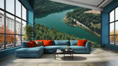 Nemi Aerial luxuriant Lake green shoreline trees view Water Summer Travel Nature Grass Landscape Blue Color Park Rome Europe Beautiful New Tourism Volcano Coast Volcanic Roma Wall mural