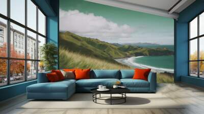 Northland Mountains Hills Appearance Green Wrinkled coastline Zealand New Aerial View Island Bay Eye Landscape Mountain Beach Coast Sea Ocean Hill Cliff Valley R Wall mural