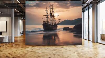 oil gital sea ship paintings old landscape fine art adventure ancient artistic artwork background beautiful blue boat coast cruise design horizon illustration light mast mountain Wall mural